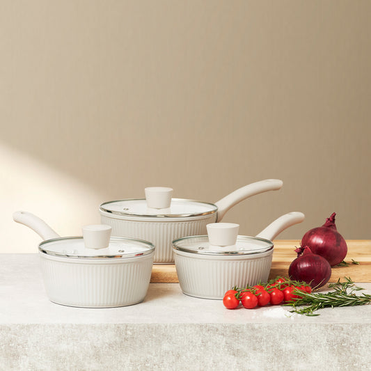 3 Piece Ribbed Saucepan Set (16cm, 18cm, 20cm) in Putty Kitchen Sabichi Homewares