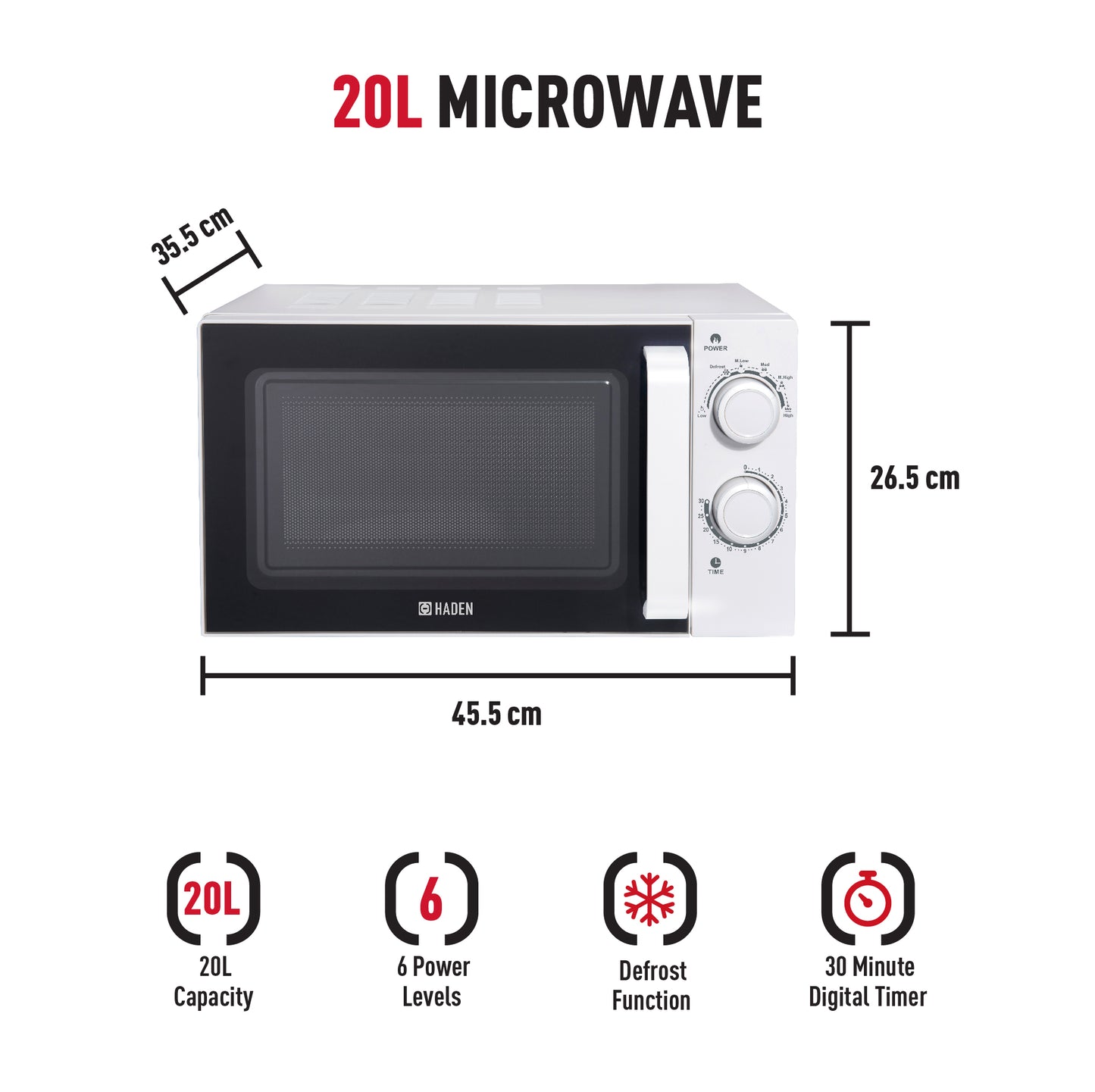 Haden 20L White Stainless Steel Microwave