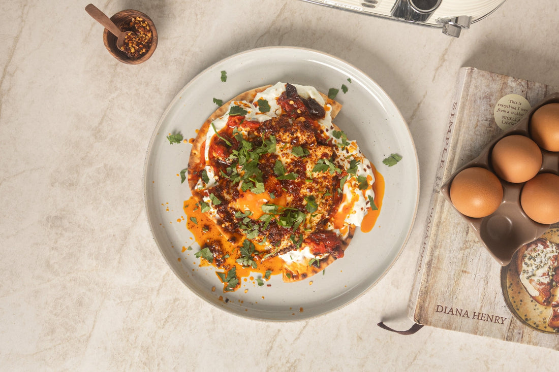Shakshouka Flatbread with Garlic Raita & Roasted Peppers