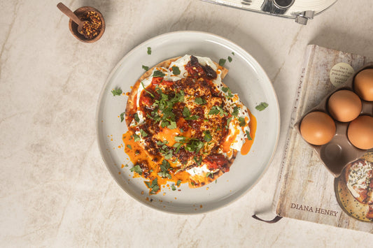 Shakshouka Flatbread with Garlic Raita & Roasted Peppers