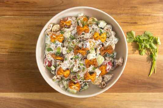 Crispy Parmesan Air Fryer Pasta Salad with Lemon Herb Yogurt Dressing