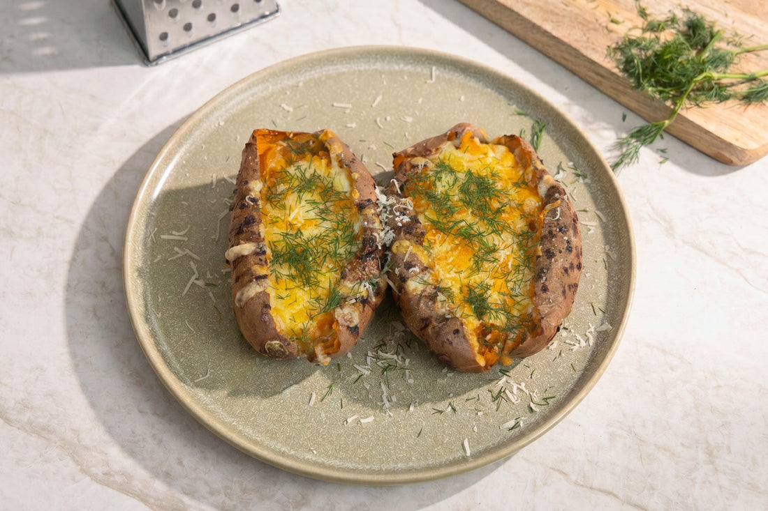 Loaded Air Fryer Cheesy Sweet Potatoes with Herb Butter