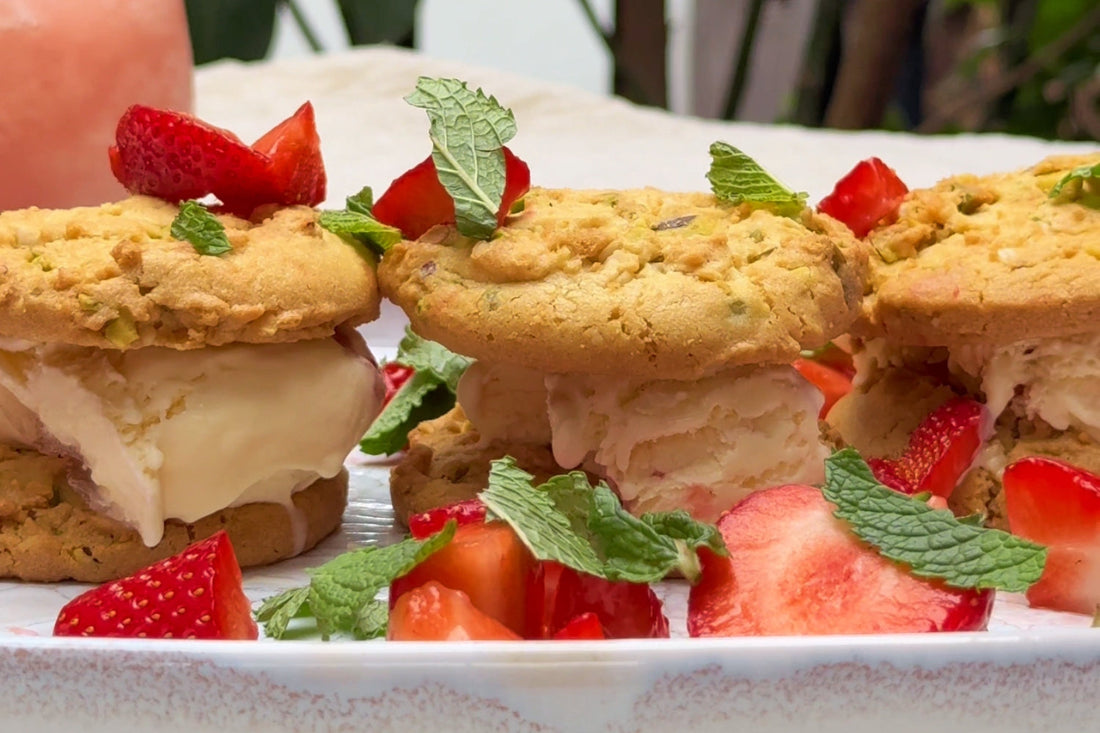 Strawberry Ice-cream & White Chocolate Pistachio Cookie Sandwiches