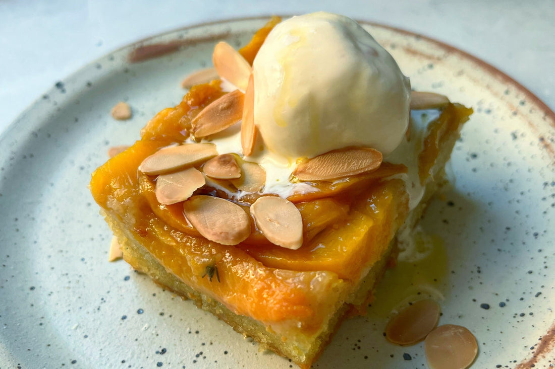 Peach Olive Oil Cake with Almond Ice Cream