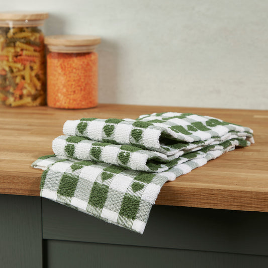 Set Of 3 Sage Heart Tea Towels Kitchen Sabichi Homewares Ltd