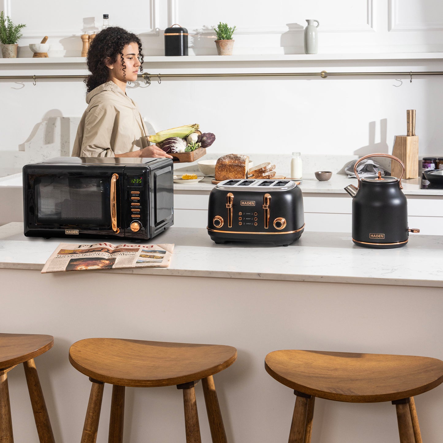 Haden Heritage Black & Copper Kettle, Toaster and Microwave Bundle Bundle Haden