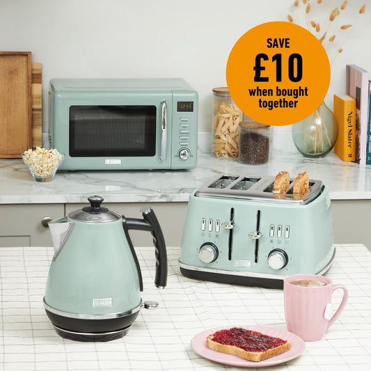 Haden Cotswold Bundle Kettle + Toaster + Microwave – Sage Bundle Haden