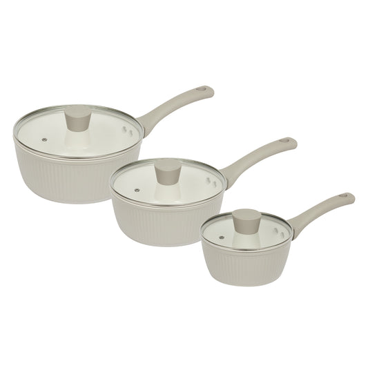 3 Piece Ribbed Saucepan Set (16cm, 18cm, 20cm) in Putty Kitchen Sabichi Homewares