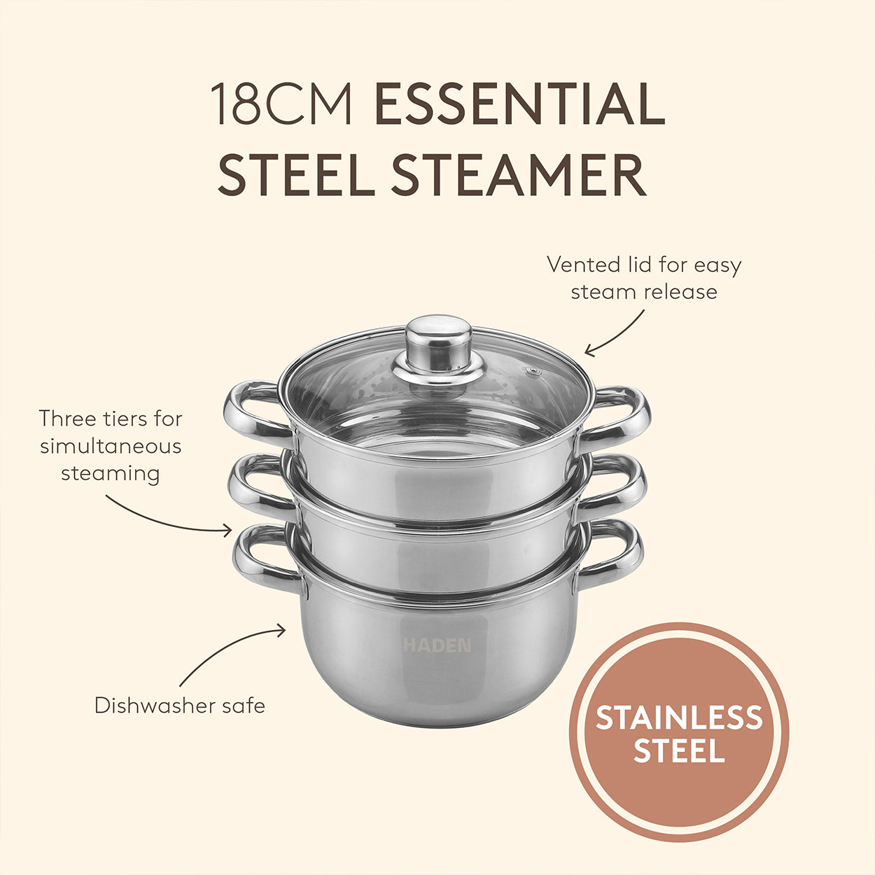 18cm Essential Stainless Steel Steamer Kitchen Haden
