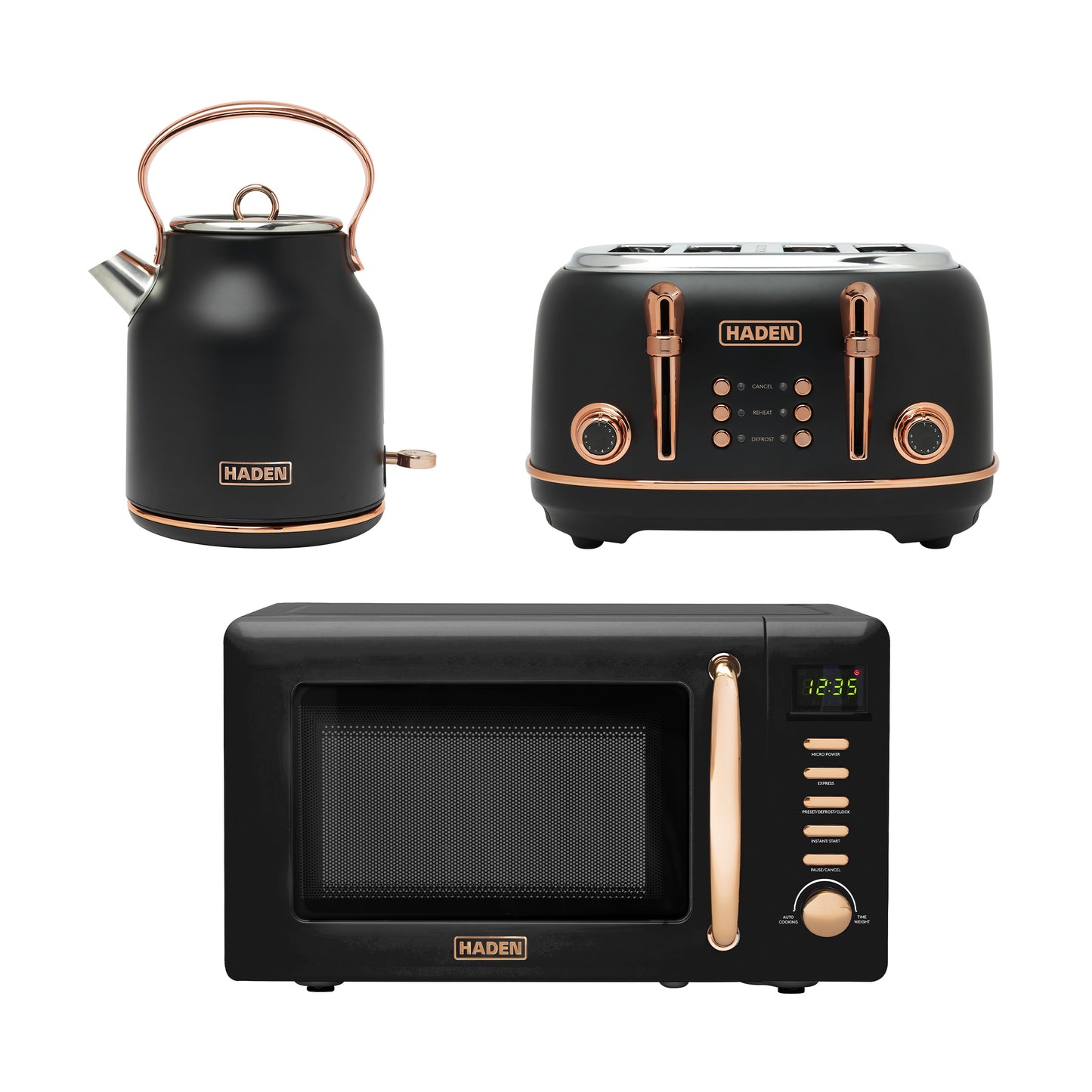 Haden Heritage Black & Copper Kettle, Toaster and Microwave Bundle Bundle Haden