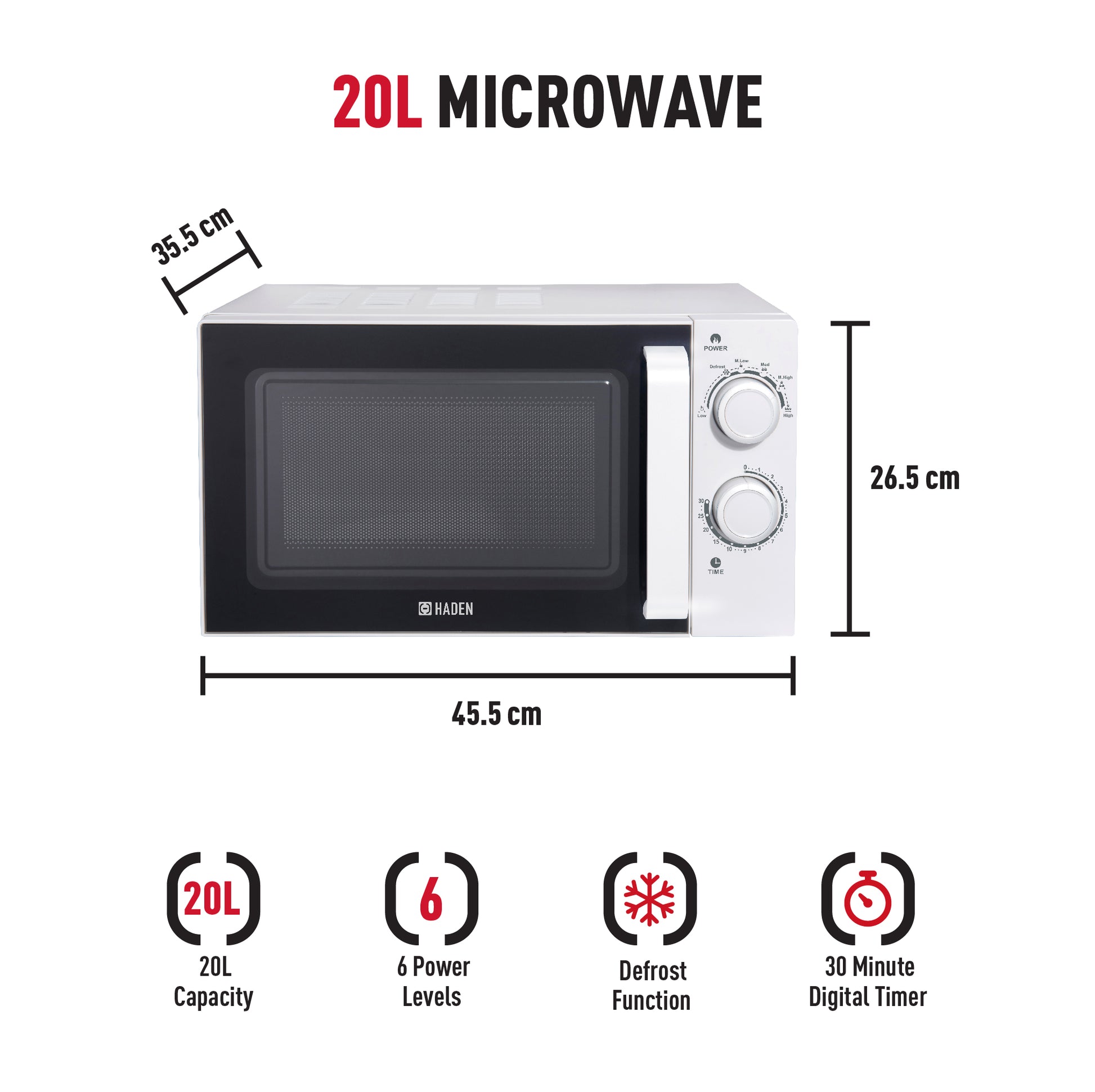 Haden 20L White Stainless Steel Interior Microwave Microwave Ovens Haden