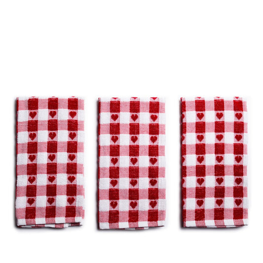Set of 3 Red Heart Tea Towels