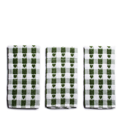 Set Of 3 Sage Heart Tea Towels Kitchen Sabichi Homewares Ltd