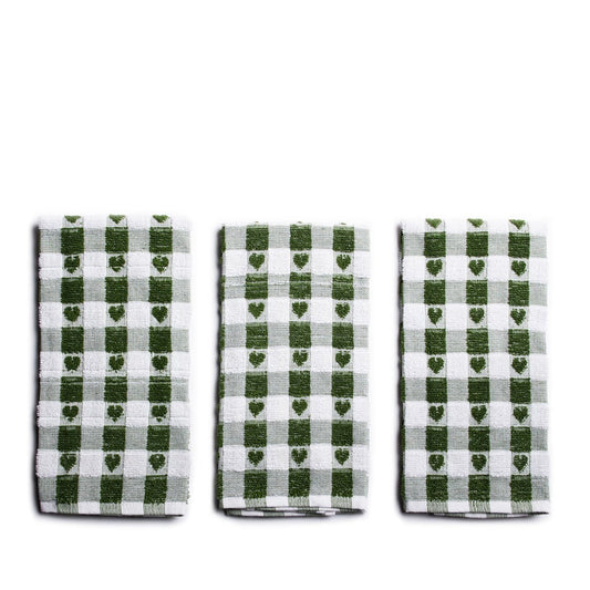 Set Of 3 Sage Heart Tea Towels Kitchen Sabichi Homewares Ltd