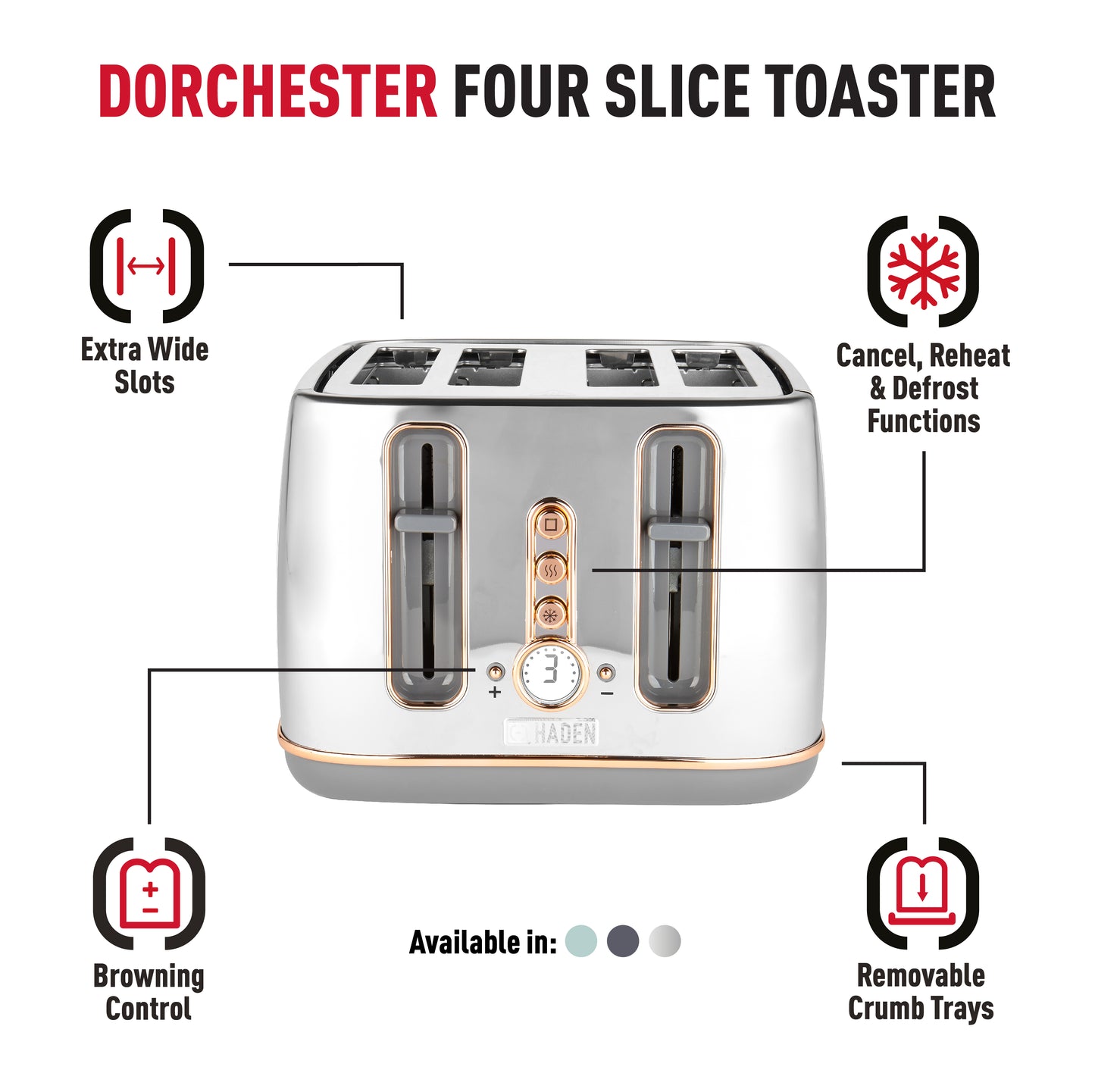 Haden Dorchester Chrome & Rose Gold 4 Slice Toaster Toasters Haden