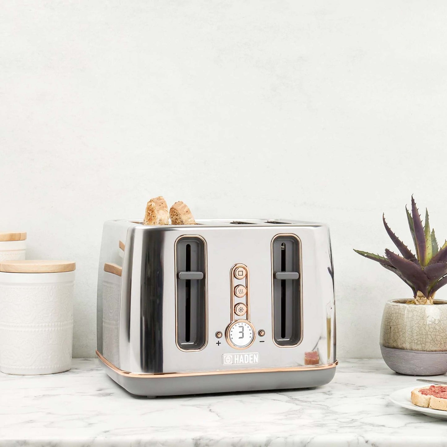 Haden Dorchester Chrome & Rose Gold 4 Slice Toaster Toasters Haden